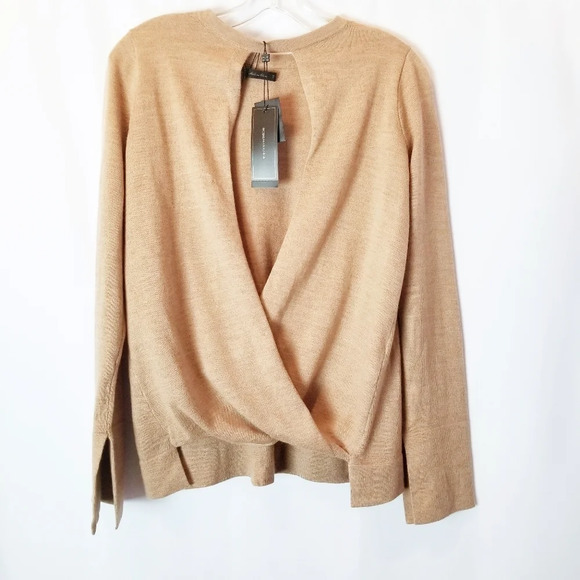 NWT BCBGMaxAzria XS Camel 100% Merino Wool Lightweight Open Back‎ Sweater - Picture 3 of 11